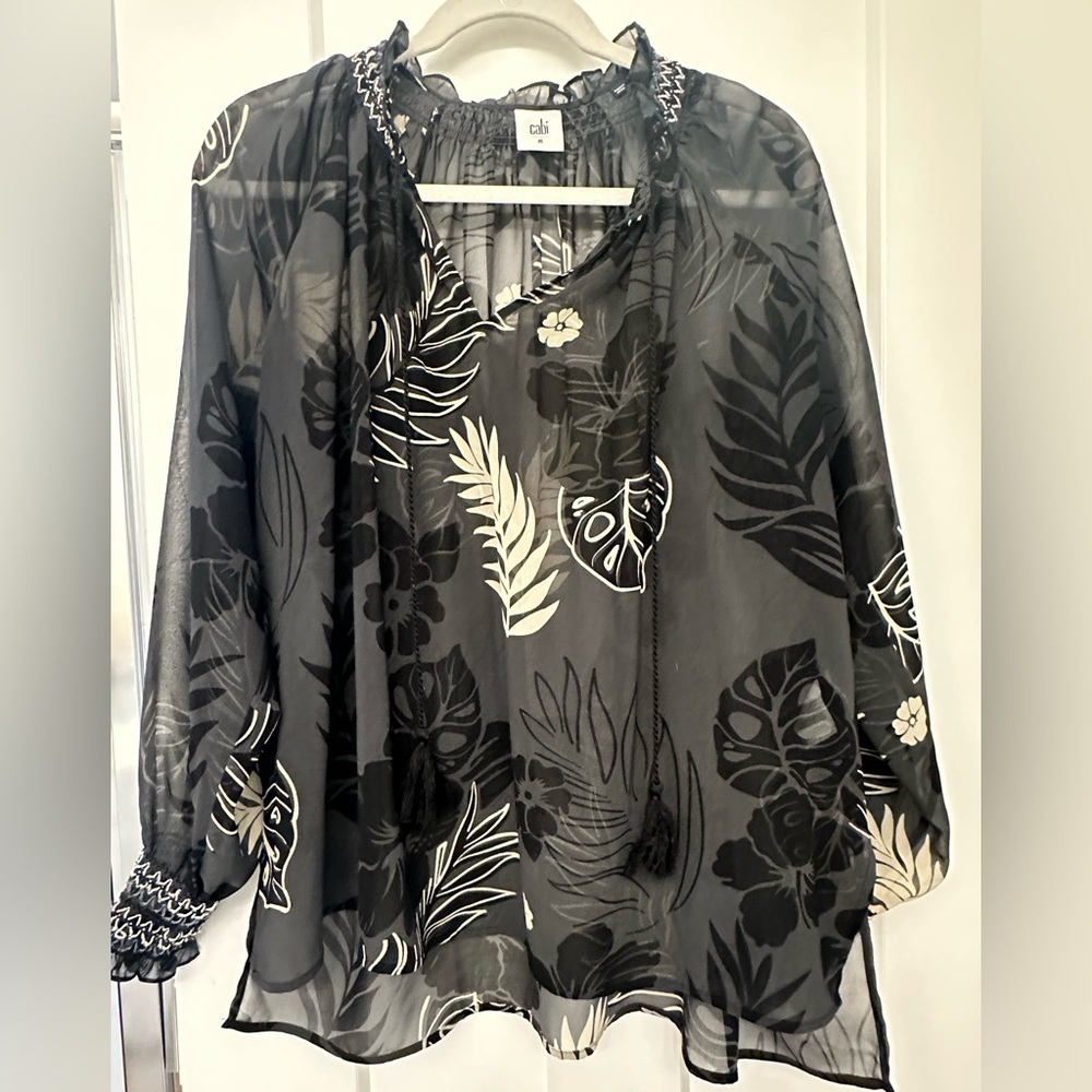 CAbi Black and Cream Floral Sheer Blouse